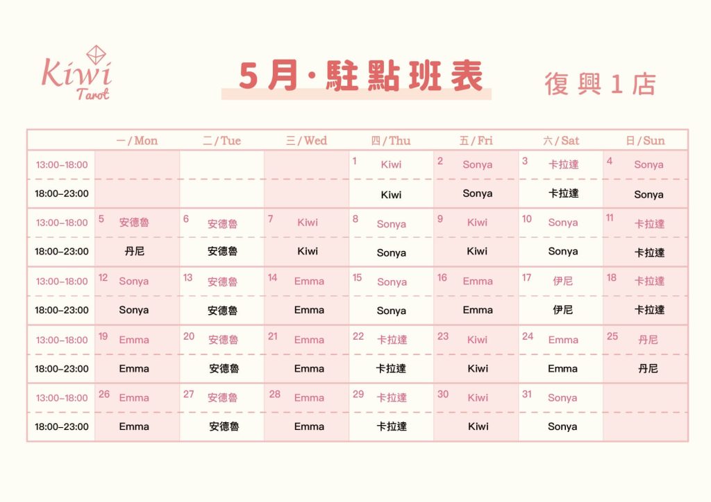 Kiwi塔羅駐點班表(復興店)塔羅駐點 3 20250501 Kiwi Tarot Zhongxiao Fuxing 1 Taipei Tarot