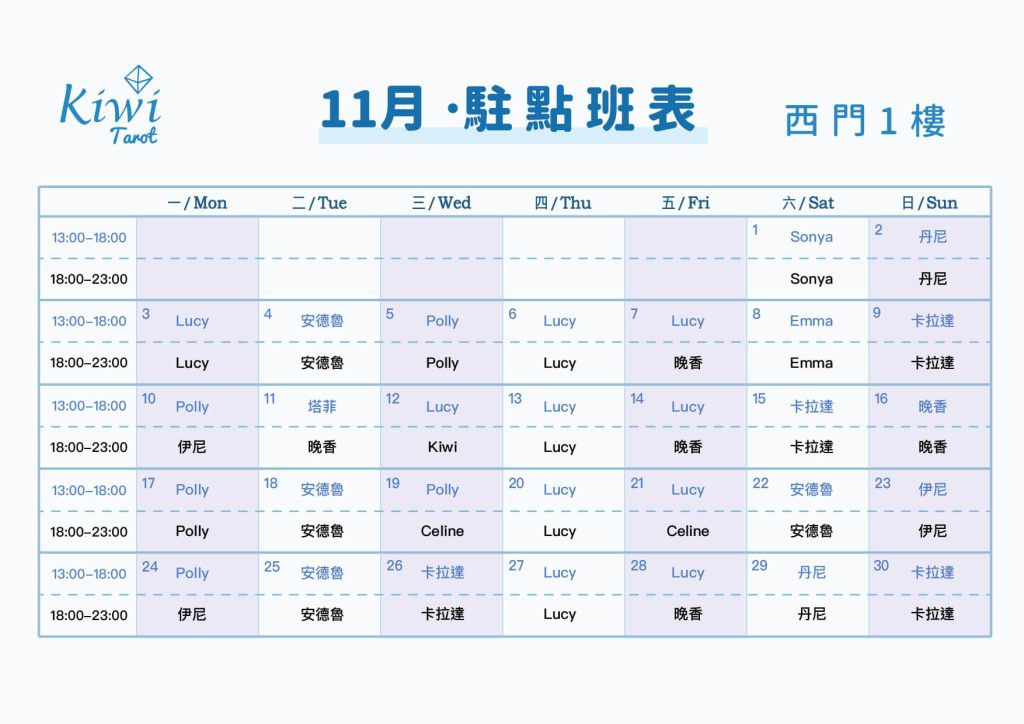 Kiwi塔羅駐點班表(西門店)塔羅駐點 5 20251101 Kiwi Tarot Ximending Tarot 1F Taipei Tarot